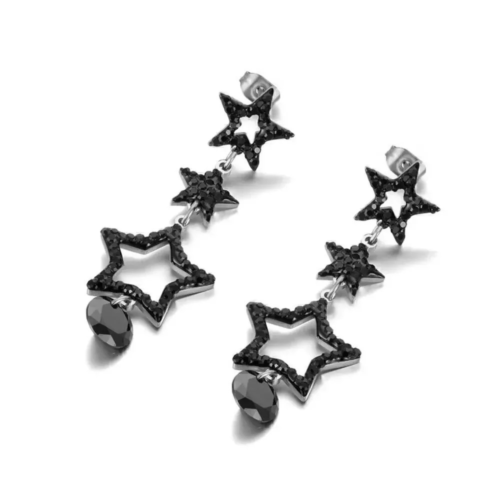 Stainless Steel Black Rhinestone CZ Star Earrings